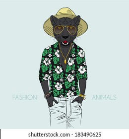 Illustration of panther dressed up in aloha shirt