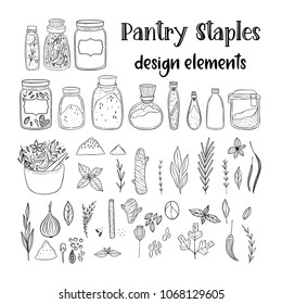 Illustration of a pantry staple objects.  Cute lovely doodle drawings of spices and herbs. 