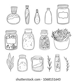 Illustration of a pantry staple objects. Cute lovely doodle drawings of spices and herbs. Spices and grains in a jars.