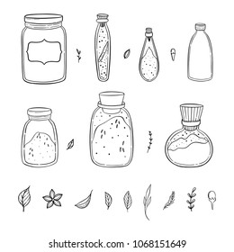 Illustration of a pantry staple objects. Cute lovely doodle drawings of spices and herbs. Spices and grains in a jars.