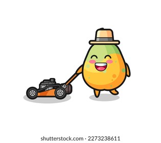 illustration of the papaya character using lawn mower , cute style design for t shirt, sticker, logo element