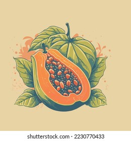illustration of Papaya Fresh Orange tropical fruit hand drawn flat color style