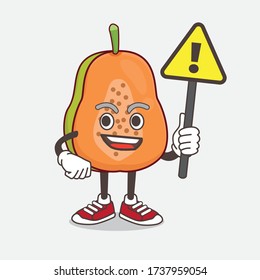 An illustration of Papaya Fruit cartoon mascot character rise up a warning sign