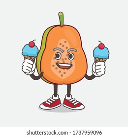 An illustration of Papaya Fruit cartoon mascot character eating two ice cream