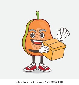 An illustration of Papaya Fruit cartoon mascot character holding a box
