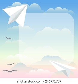 Illustration with paper airplane floating in the sunset sky among the clouds for use in design for card, invitation, poster, banner, placard or billboard cover