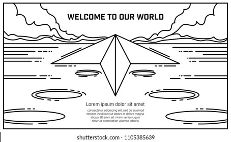 Illustration of a paper airplane flying toward the horizon against an imaginary background in black lines