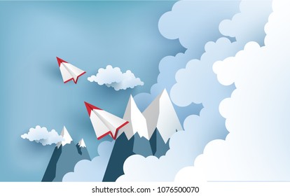 illustration of an paper airplane over a cloud. design paper art 