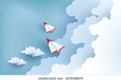 illustration of an paper airplane over a cloud. design paper art 