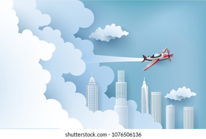 illustration of an paper airplane over a clouds and city. design paper art