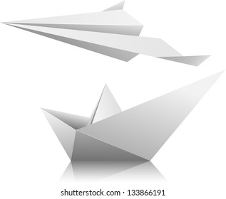 Illustration of a paper airplane and ship. Vector.