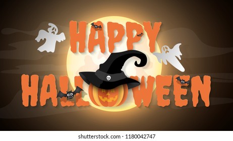 Illustration of paper art background of word 'Happy Halloween' with Jack O'Lantern, ghost and bats and full moon, Trick or treat