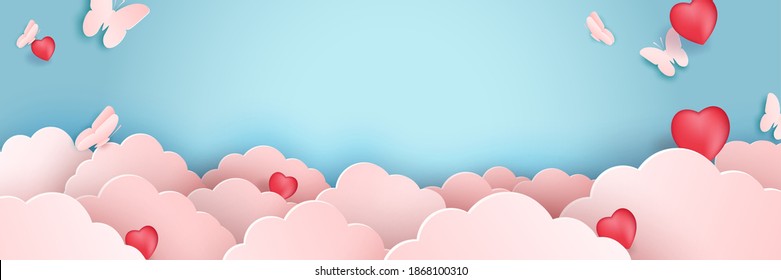 illustration Paper art cloud with butterflies on pink valentine concept. Butterfly flying in the sky. Creative design paper cut and craft style Origami cloudy and sky for landscape pastel color vector