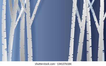 illustration paper art and craft of  Merry Christmas winter season. Christmastime with snowing full moon,Landscape white snow forest on blue night background, Paper cut style creative idea vector.