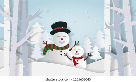 Illustration of Paper art and Craft style, Snowman in pine forest with snowfall, Welcome winter season, I love winter