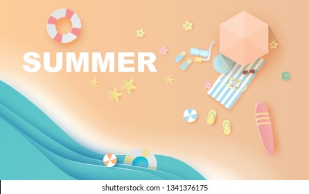 illustration of paper art and craft top view  travel summer season on the beach,Summer time for swimming equipment,Seaside with landscape pastel color tone background,Paper cut style digital vector.