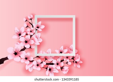 illustration of paper art and craft white frame spring season cherry blossom concept,Springtime with sakura branch, Floral Cherry blossom with pink flowers on place text space white background,vector. - Shutterstock ID 1343391185