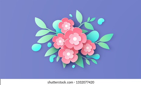 Illustration of paper art flowers and water droplets placed on background. Graphic design for spring season. paper cut and craft style. vector, illustration.