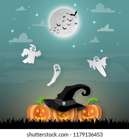 Illustration of paper art Halloween party, Scary pumpkins Jack O'Lantern, ghost in the forest and bats flying on the sky in the midnight with full moon, Trick or treat