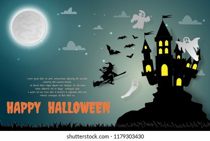 Illustration of paper art Halloween party, Witch riding a broom flying to the castle that ghosts flying around in midnight with full moon, Trick or treat, you can add text in copy space