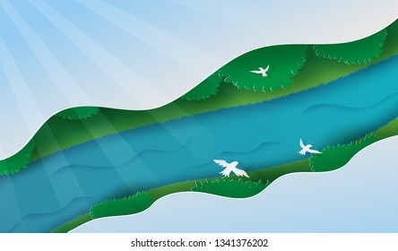 illustration paper art of landscape on top view nature by trees and river,Top view green forest with river and clouds background.Eco and environment paper cut style creative idea concept,bird vector.