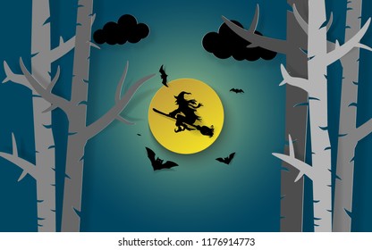 Illustration of paper art of party Halloween, Witch riding a broom flying on the sky with full moon in midnight