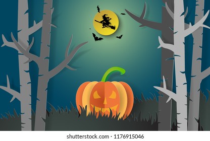Illustration of paper art of party Halloween, Jack O'Lantern and witch riding a broom flying on the sky with full moon in midnight