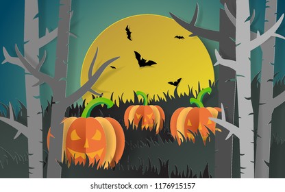 Illustration of paper art of party Halloween, Pumpkins Jack O'Lantern and bats with full moon in midnight