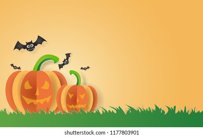 Illustration of paper art of party Halloween, Pumpkin Jack O'Lantern on grass with bats on orange background