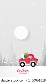 illustration of paper art Santa Claus is riding Red Classic pickup truck car and carry Christmas tree by gift, Christmas tree and winter season forest. Snowfall Landscape forest in full moon,vector.
