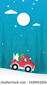 illustration of paper art Santa Claus is riding Red Classic pickup truck car and carry Christmas tree, Happy new year and Merry Christmas day, Snowfall Landscape forest in full moon,vector.