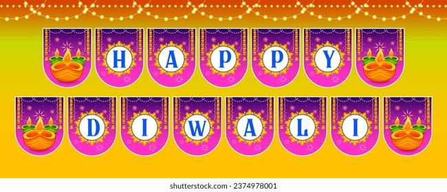 ilustración de banner de papel para el ahorcamiento de puertas y decoración de toros en el Feliz Día Diwali de fondo para el festival de la luz en India