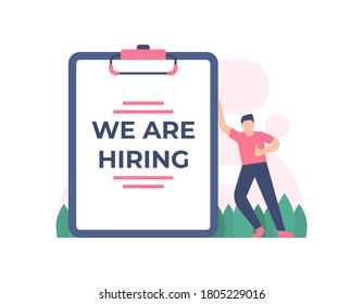 illustration of a paper board that says we are hiring. man leaning against a board. recruitment concept, looking for employees or candidates, job vacancies. flat style. UI design elements.