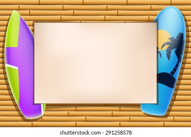 illustration of paper board with two surfboards on bamboo background