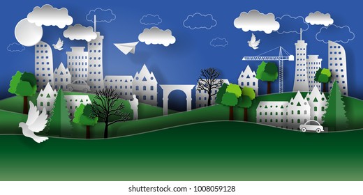 Illustration of a paper city with trees, houses, skyscrapers. The style of paper art.