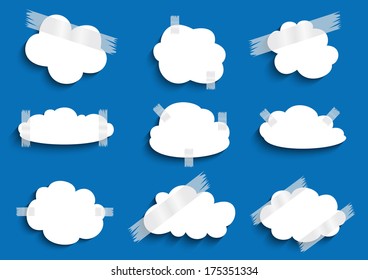 Illustration of paper cloud with adhesive tape collection on blue background