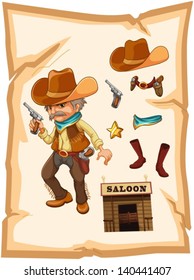 Illustration of a paper with a cowboy holding a gun on a white background