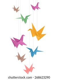 Illustration of Paper Cranes of Different Colors Hanging from Strings