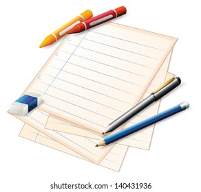Illustration of a paper with crayons and pencils on a white background