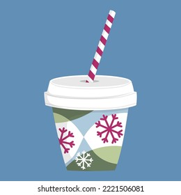 Illustration of a paper cup with hot drink decorated with snow stars