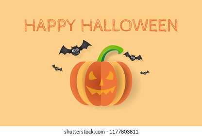 Illustration of Paper cut design Halloween party, Scary pumpkins Jack O'Lantern and bats on orange background