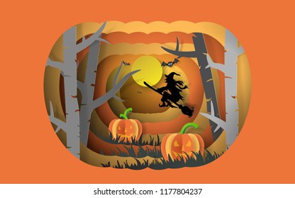 Illustration of Paper cut design Halloween party, Pumpkins Jack O'Lantern in the forest and Witch riding a broom flying on the sky with full moon