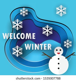 illustration of paper cut effect, winter welcome background. dark and light color gradation