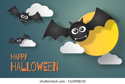 Illustration of paper cut of Halloween day, Bats flying in the sky with full moon