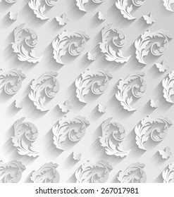 Illustration Paper Cut Seamless Pattern with Floral Elements and Butterflies, Elements with Shadows - Vector