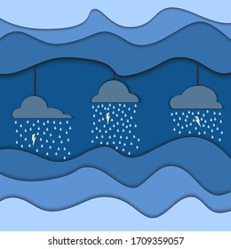 Illustration im Papierschnitt-Stil mit Wolken, Regen und Blitz.