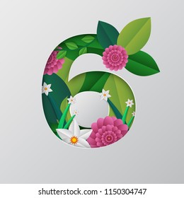 Illustration of paper cut style Six number made by beautiful floral design. 