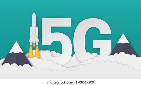 Illustration of a paper cutting background while a rocket rocketed at a speed of 5G