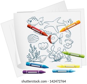 Illustration of a paper with the different sea creatures and crayons on a white background