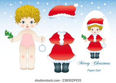 Illustration of a paper doll with Christmas clothes
